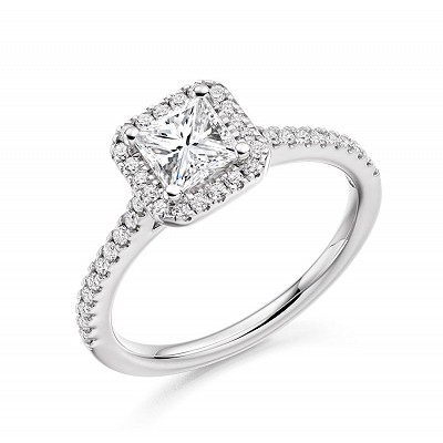 Radiant Cut Diamond Solitaire with Diamond Halo & Shoulders