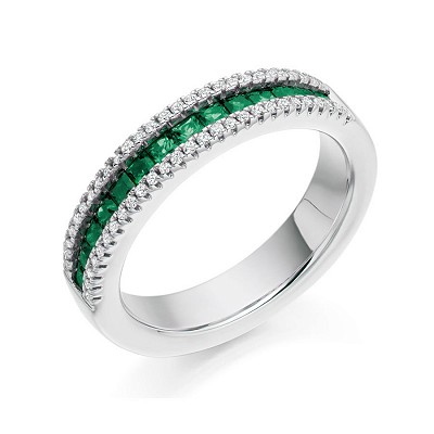 Princess Cut Emerald & Round Brilliant Diamond Half Eternity Ring